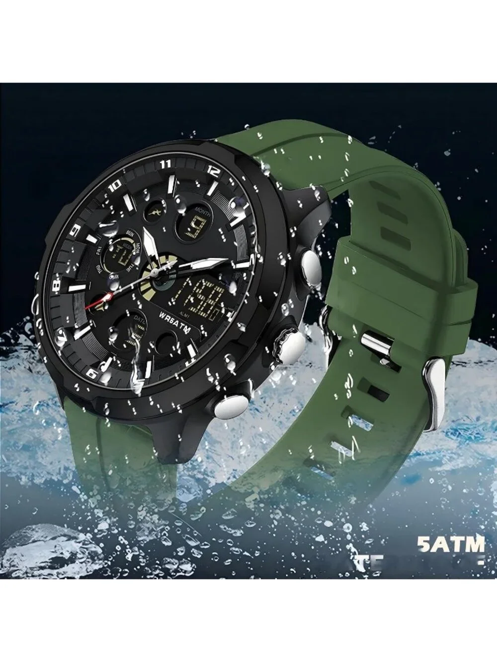 Men Green Large Face Watches Chronograph Waterproof Sport Military Heavy Duty